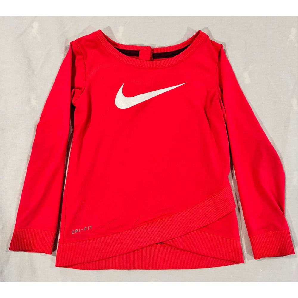 Nike Girls Dri-FIT Long Sleeve Swoosh Top Pink Red Size 12M Snap Back Ribbed Hem